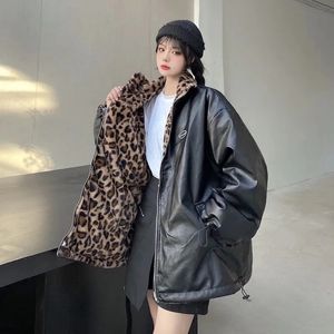 Otoño Pu Leopard Print Jacket Mujeres Moda de invierno Dos lados Stand Collar Warm Outwear Y2K Ropa informal suelta Abrigos coreanos 231226