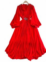 Automne violet/noir/rouge diamants drapé mousseline plissée fête Lg Dr femmes plage Vacati robes élégant manches bouffantes Robe 35JO #