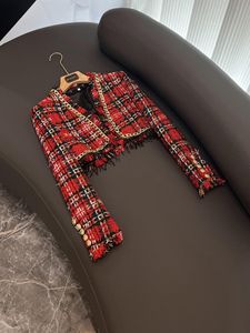 Automne rouge Plaid lambrissé chaînes gland Tweed veste à manches longues col en v classique vestes manteau court vêtements d'extérieur O3O072100