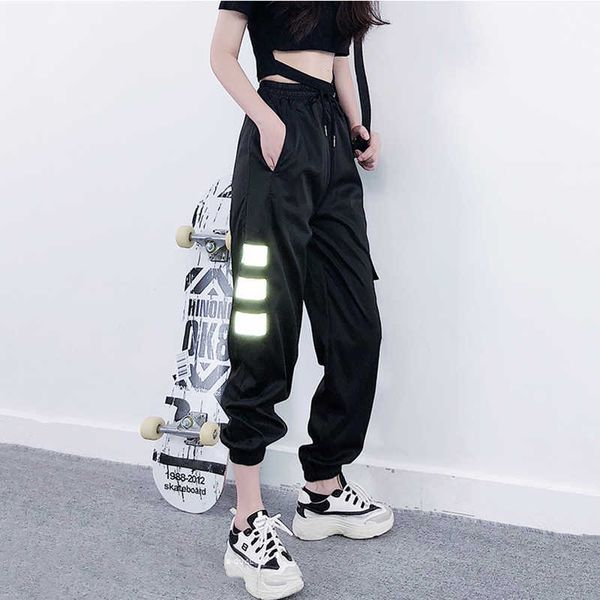 Automne Réfléchissant Unisexe Cargo Pantalon Taille Haute Femmes Sport Lâche Harajuku BF Streetwear 210531