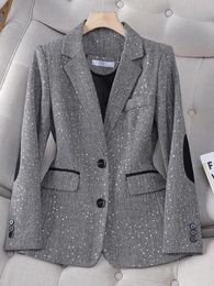 Automne rétro gris épissure Plaid paillettes Blazers manteau pour femmes marron élégant affaires Vintage dames costume veste mode Y2k 240202