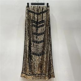 Herfst Retro Lovertjes X Lange Rok Vintage Kralen Empire Gold Silm Bodycon Runway Bohemian Back Slit Pencil Jupe Sequin 240110