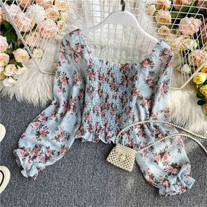 Herfst Retro Sexy Floral Print Square Collar Chiffon Shirt Dames Mode Slash Neck Lange Mouw Hoge Taille Blouse Q392 210527