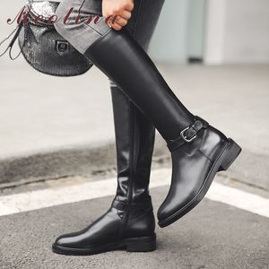 Automne bottes d'équitation femmes en cuir véritable naturel Zip talon carré genou haute boucle bout rond chaussures dame hiver 43 210517