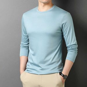 Camiseta de manga larga de color sólido con cuello redondo de otoño para hombre Camisa inferior de algodón mercerizado con amoníaco líquido Capa interior de primavera y estilo