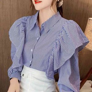 Herfst ruches Chiffon Blouse Shirt Blouse Vrouwen Blusas Mujer de Moda Lange Mouw Gestreepte Blouse Dames Blouses Blusa D597 210602