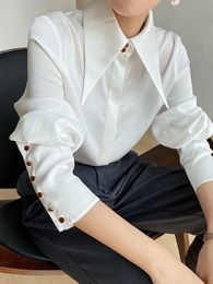 Herfst satijn zijden dames shirt vintage elegante afslag down collar woman blouse witte lange mouw dames shirts tops blusas