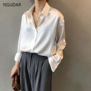 Camisa de seda de otoño Blusa vintage Mujer Dama blanca Mangas largas Camisas sueltas femeninas Ropa de mujer Tops Mujeres Camisas de mujer 220407