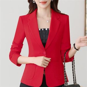 Automne couleur unie élégant rouge Blazer femmes veste Angleterre Style coupe ajustée à manches longues survêtement col cranté bouton unique haut 220402