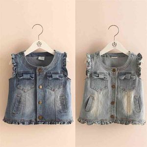 Automne Printemps 3 4 6 8 10 ans Enfants Fly Sleeve Edge Décoration O-Cou Blue Denim Vest Automne pour enfants Baby Girls 210701