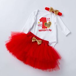 Autumn Spring and New Product Girl Baby Baby Link Bordery Letter 1 Sweetheart de manga larga Rose Red Princess Set