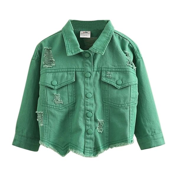 Automne Printemps Mode 2 3 4 6 8 10 12 ans Vêtements pour enfants Manteau Tops Trou Poche Cool Denim Veste pour enfants Bébé Filles 210414