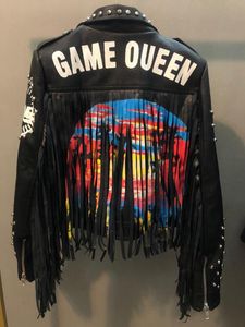 Femmes automne graffiti clous perles pu cuir printemps veste Punk Style moto gland cuir vestes manteaux Streetwear F802