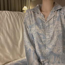 Automne Printemps Pyjamas en soie glacée Femmes Vêtements de nuit à manches longues Casual Pyjamas de nuit Costume Vêtements de maison Ensemble de sommeil imprimé floral 240321