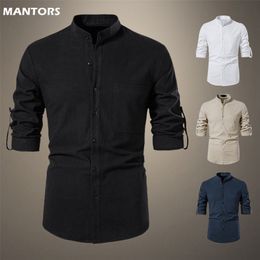 Camisas masculinas de manga comprida outono primavera gola Henry camisa social slim casual 85% algodão camisa social masculina blusa blusa 220804