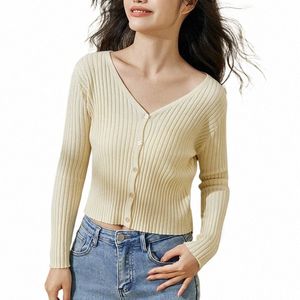 Automne Spring Color Color Women's Cardigan LG Sleeves Sweater Slim Casual V Cou cou tricot tricot Couleur Couleur X0pz #