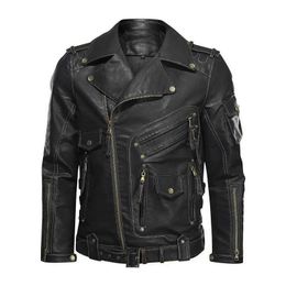 Automne rue hommes noir revers cou en cuir véritable moto vestes Multi poche fermeture éclair Punk Biker veste en cuir