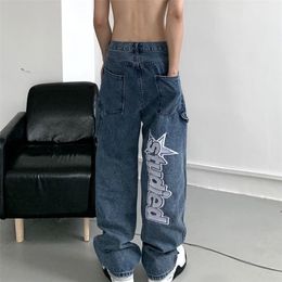 Otoño streetwear retro hip-hop letra bordado jeans pantalones sueltos de pierna recta pantalones de pierna ancha para hombres y mujeres parejas 220311