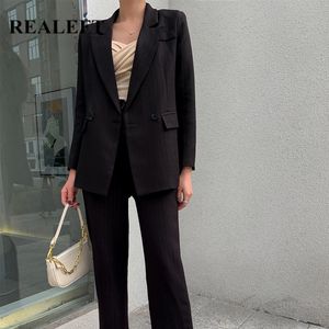 Automne rayé femmes pantalons costumes simple boutonnage cranté Blazer veste pantalon Long tenue de bureau femmes ensembles 210428