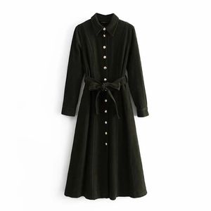 Automne Style Lady Français Tempérament Rétro Taille Minceur Ceinture À Manches Longues Corduroy Robe Femme 210520