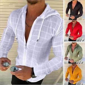 Camisas de manga larga para hombre de estilo otoñal, cárdigan informal de color sólido con capucha, versión de camisa de moda para hombre