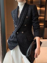 Chaqueta de traje de lana de temperamento negro fragante pequeña estilo otoño blusa de autocultivo para mujer 240226