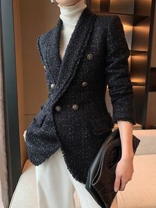 Style d'automne petit tempérament noir parfumé laine petite veste de costume femmes auto-culture costume blouse 240201