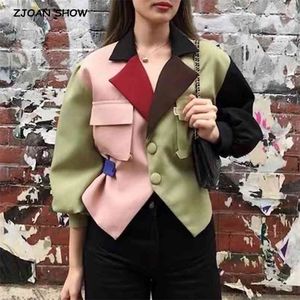 Automne élégant couleur contraste couleur Blazer Vintage femmes mince ceinture taille à manches longues costume mignon manteau Streetwear Outwear 210429