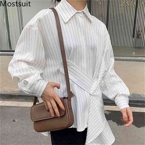 Herfst stijlvolle Koreaanse gestreepte shirts blouses vrouwen lange mouwen turn-down kraag losse tops mode vintage vrouwelijke blusas 210513