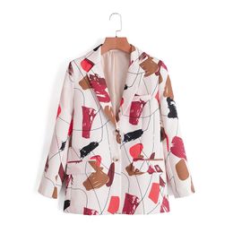 Herfst Stijlvolle Lijn Print Dames Lange Uitloper Blazers Chic Lady Casual Single Breasted Sleeve Pockets Jas Blazer 210421