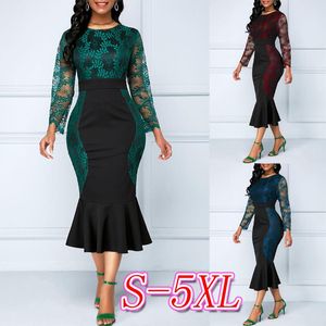 Herfst zomerjurk vrouwen casual plus size slank kantoor bodycon jurken vintage elegante sexy kanten lange zeemeermin feestjurk