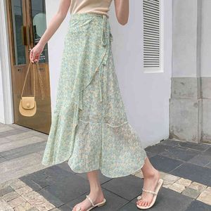 Herfst Zomer Elegante Print Rok Vrouwen Koreaanse Midi A-Lijn Lace Up Chiffon Femme Jupes Rokken Voering Mujer Faldas 210520