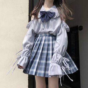 Herfst drie stuk set Korea ulzzang college jk uniform casual punk plaid a-line hoge taille geplooide rok kawaii zoete vrouwen set 210608