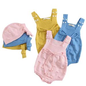 Herfst peuter schattige baby overalls meisje gebreide romper + gebreide muts pakken geboren kleding 210417