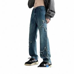 Automne à la mode coupe ample bleu profond polyvalent jean en denim à jambe droite pour hommes rétro aile distrait Fi pantalons décontractés n5SV #