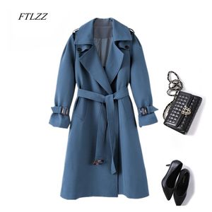 Automne Turndown Col Long Trench Veste Femmes Slim Ceinture Cape Vintage Coupe-vent Business Outwear Blue Coat 210430