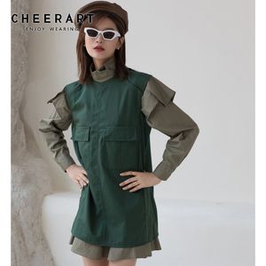 Automne col roulé à manches longues robe femmes Vintage vert faux 2 pièces Mini créateur de mode vêtements 210427