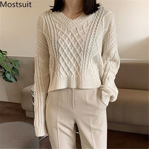 Herfst Twisted Gebreide Koreaanse Korte Sweaters Tops Dames Lange Mouw V-hals Solid Fashion Losse Vintage Pullovers 210518