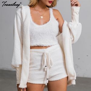 Herfst Fluwelen Driedelige Pakoutfits Sexy Vrouwen Witte Bijpassende Set Crop Top En Shorts Lounge Homewear Pijama Oversize Winter 240115