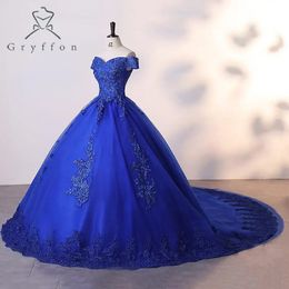 Herfst vestidos blauwe quinceanera jurk met trian elegante uit de schouder baljurk luxe feestjurk plus size prom toga 240124