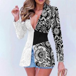 Automne Vintage Abstract Printing Office Lady Blazer Manteau Turn-Down Collier Patchwork Vêtements d'extérieur Hiver Manches longues Slim Femmes Tops 211006