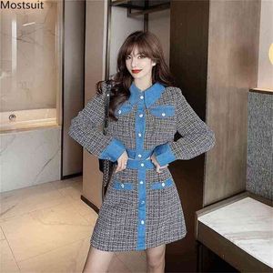 Otoño vintage elegante tweed 2 piezas conjunto mujeres manga larga denim patchwork abrigo de un solo pecho + mini falda trajes coreanos 210513