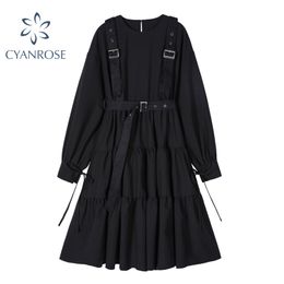 Automne Vintage femmes élégantes robe style gothique à manches longues cosplay à lacets taille harajuku goth punk edgy longue robe noire 210417