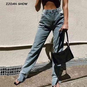 Herfst vintage hoge taille rechte vloer lengte jeans gescheurd vrouwen vriendje denim broek straat lange broek 210429