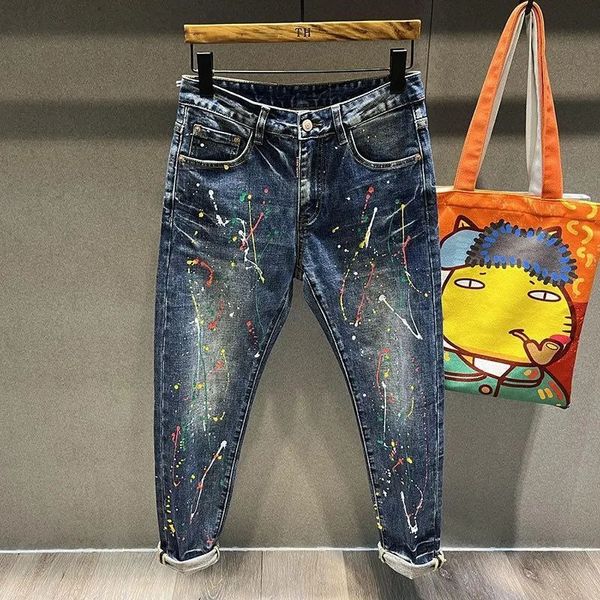 Automne Vintage Jeans Men Tie-Dye Fashion High Streetwear Paint Points Graffiti Hip Hop Trend Slim Male Pantalon Denim Pantalon 240411