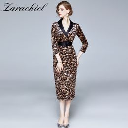 Herfst Vintage Leopard Print Velvet Vrouwen Single-Breasted Lange Sleep Spliced ​​Contrast Satijn Kraag Midi Sjerpen Jurk 210416