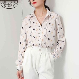 Herfst Vintage Lange Mouwen Blouse Hong Kong Stijl Print Chiffon Shirt Turn-Down Collar Mode Vrouwen Tops 11462 210417