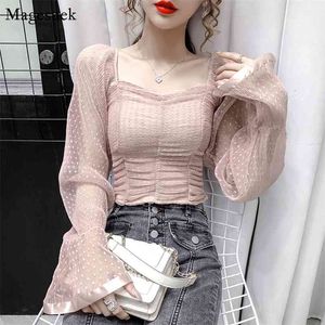 Herfst Vintage Puff Sleeve Top Square Collar Geplooide Chiffon Blouse Dames Casual Sexy Korte Witte Shirt 12071 210512