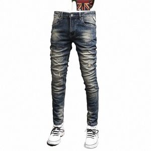 Automne Vintage déchiré jean hommes Streetwear décontracté rétro bleu Cott Slim Fit Denim pantalon l06D #