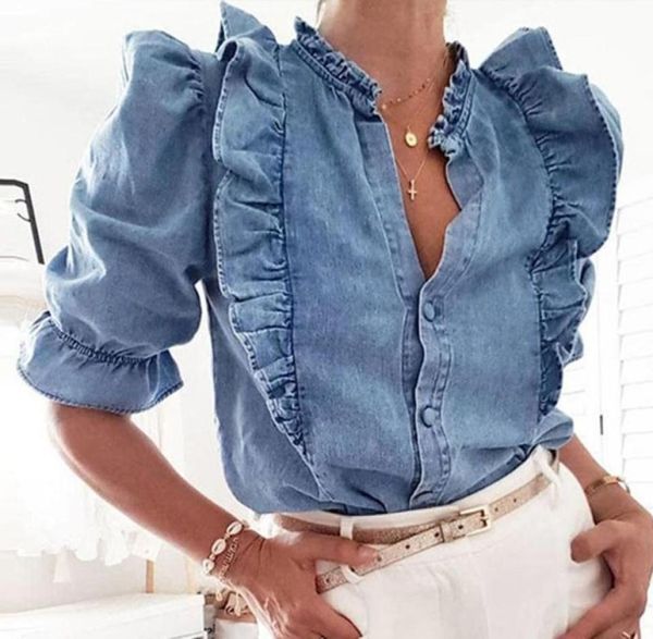 Autumn Vintage Ruffles Denim Mujeres Elegantes Damas de hielo Desgaste V Cuello Gran Gran Tamaño XXXL Jeans Blue Jeans Camisa Otoño T2003213946256